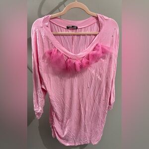Thanth Pink Bedazzled 3/4 Sleeve Ruched Top Sz XL
